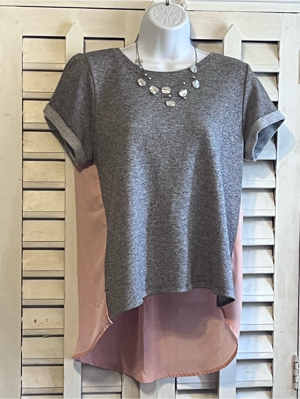 Market & Spruce Size M Heather Gray Cuffed Sleeve Top with Pink sheer back layer